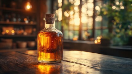 a bottle of liquid on a table