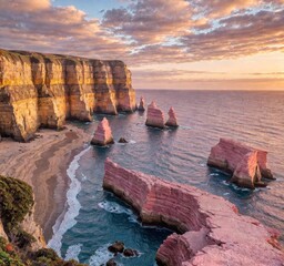 Scenic coastal landscape featuring rock formations and a vibrant sunset over the ocean.