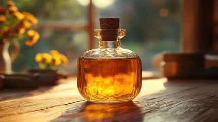 a bottle of liquid with a cork