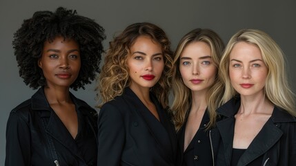 Four diverse women in black jackets posing together.