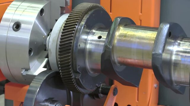 The metal crankshaft of the engine rotates during testing and servicing