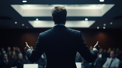 Business consultant giving an inspiring presentation on leadership and innovation, captivating a room of entrepreneurs and industry experts.