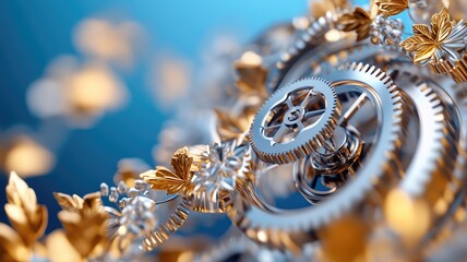 Fototapeta premium Close-up image of metallic gears and floral ornaments, combining mechanics with nature