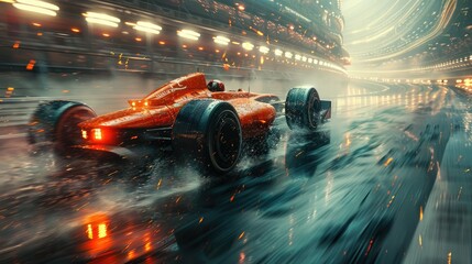 Futuristic orange race car speeding on a wet track at night.