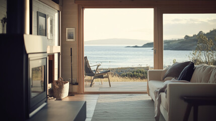 Fototapeta premium Coastal Beach House Interior: Tranquil Waterfront View