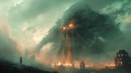 Fototapeta premium Gigantic monster attacks city, apocalyptic scene.