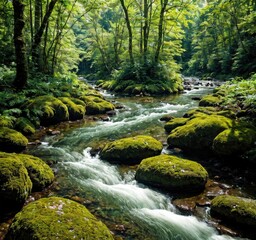 Fototapeta premium A serene forest landscape featuring a flowing river and moss-covered rocks.