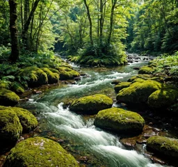 Poster A serene forest landscape featuring a flowing river and moss-covered rocks.