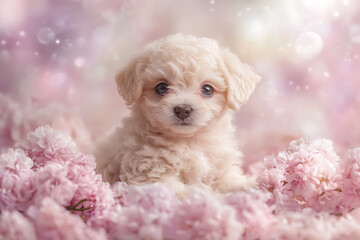 Adorable Fluffy Puppy Amidst a Bed of Pink Blossoms Springtime Charm