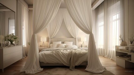 Fototapeta premium Serene Bedroom with White Bed Canopy