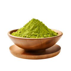 Wooden bowl brimming with vibrant matcha powder