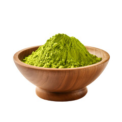 Wooden bowl brimming with vibrant matcha powder