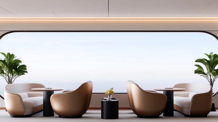 Modern lounge area with stylish seating and ocean view.