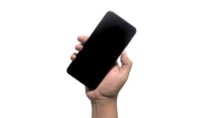 Hand holding a black smartphone with blank screen