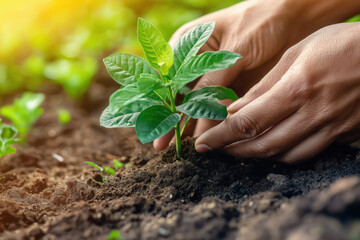Close-Up of Hands Planting a Young Tree: Symbolizing Environmental Protection and Sustainability