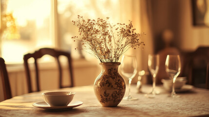 Rustic Table Setting with Dried Flowers in Vase
