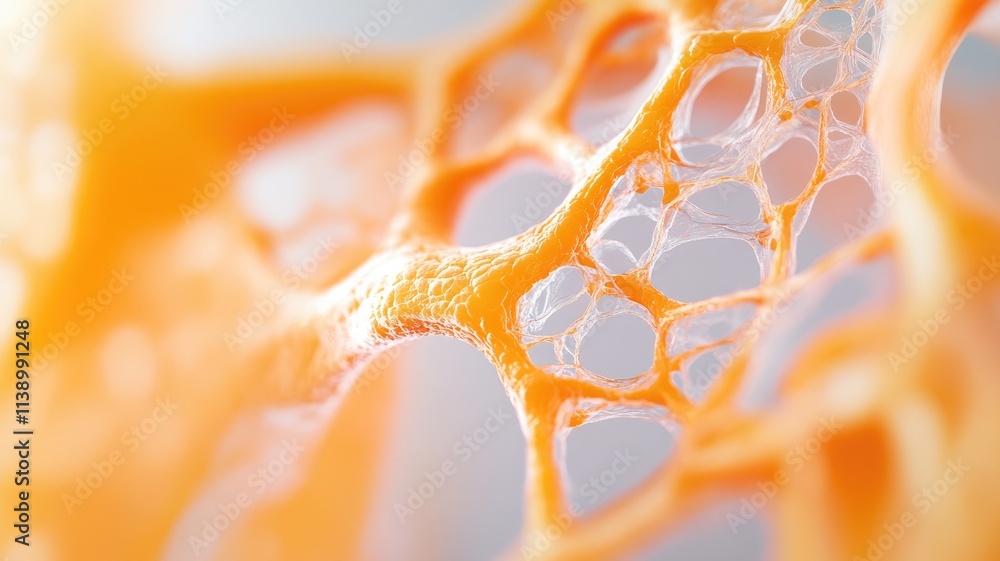 Poster close-up of intricate network structure with translucent, porous pattern, featuring shades orange an