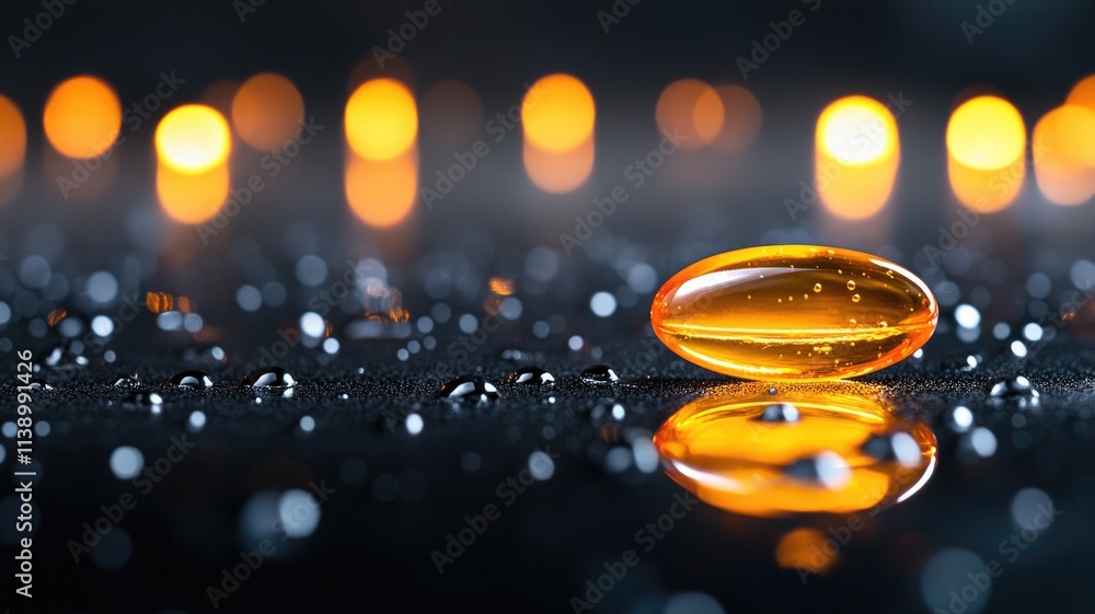Poster golden capsule on reflective surface with bokeh lights in background