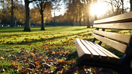 Empty park bench in sunny with autumn leaves on ground