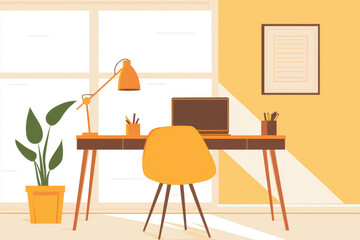 Modern Home Office Workspace: Minimalist Desk Setup with Laptop and Plant