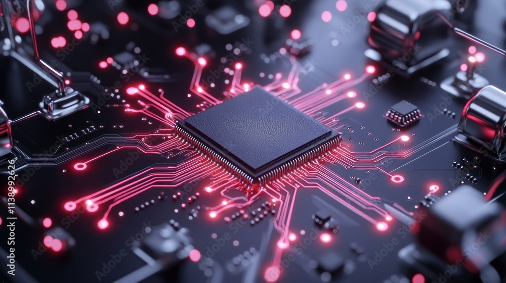 Poster close-up of a microchip on a circuit board with glowing connections.