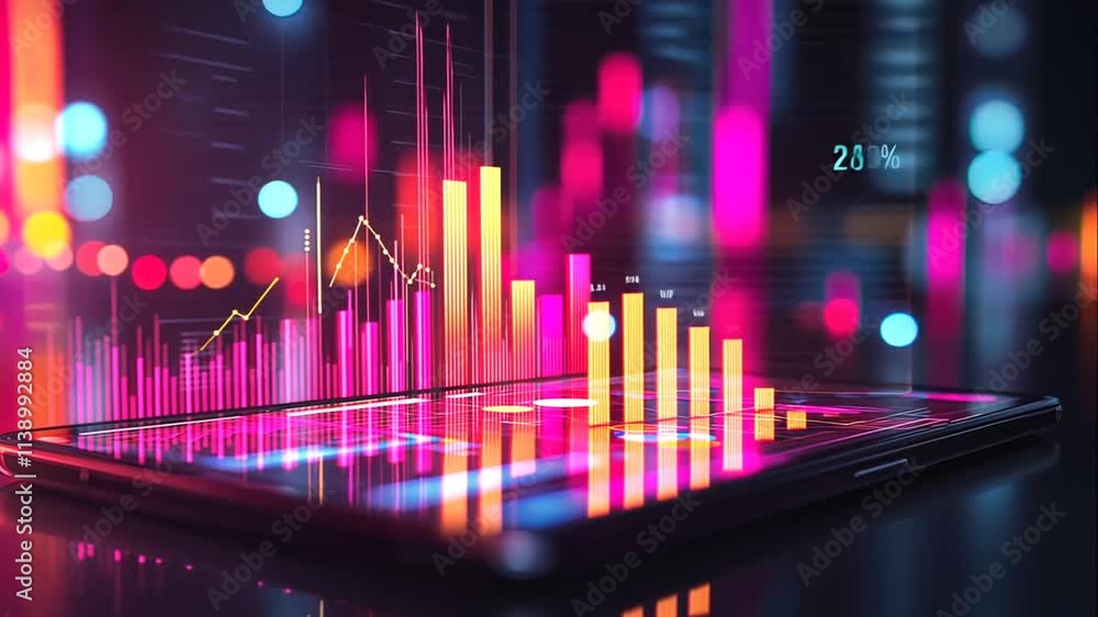 Poster futuristic tablet displaying vibrant graphs and charts against a city backdrop. animation looping vi