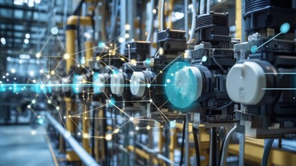 Detailed look at a fleet of connected power sensors attached to energyconsuming equipment wires labeled and neatly organized ensuring accurate data transmission.