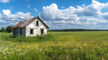 Obraz premium Abandoned farmhouse in a field of wildflowers. Concept of rural solitude and forgotten history.