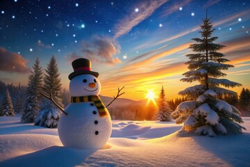 Fototapeta premium Charming snowman silhouette graces a snowy winter wonderland, perfect for holiday backgrounds.