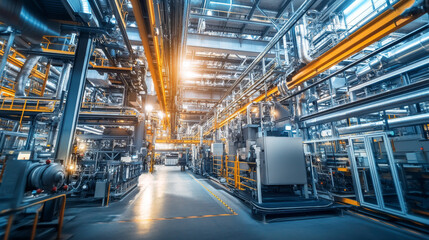 Fototapeta premium Industrial Factory Interior: Machinery, Pipes, and Metal Structures