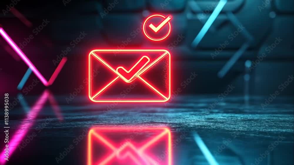 Poster glowing neon email icon with checkmark on dark background. animation looping video background. gener