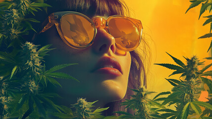 Retro looking brunette woman in dark sunglasses staring out through a frame of marijuana buds for legal cannabis advertisement.