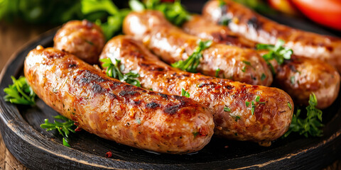 delicious grilled sausages with spicy herbs on a round wooden platter close-up