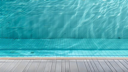 Obraz premium Blue swimming pool with tiled bottom and side, viewed from a gray deck.