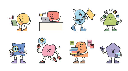 Cute geometric characters. Busy working in the office. An illustration featuring business people in an office.
