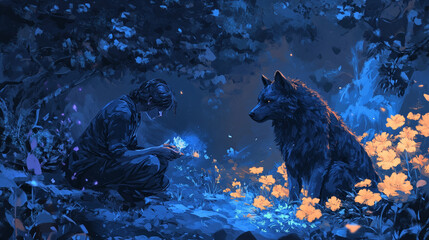 Fototapeta premium Night Forest Encounter: Woman, Wolf, and Glowing Flowers