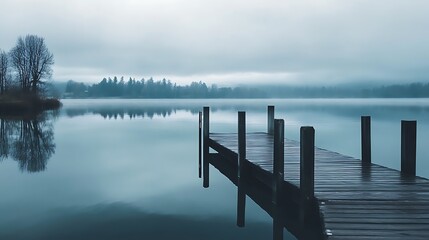 Naklejka premium Misty Lakeside Pier. Tranquil lake scene with wooden pier.