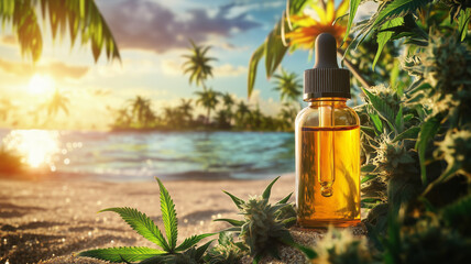Macro shot of a bottle of CBD or THC oil between fresh green marijuana buds on a colorful tropical beach as waves brake in the background. For legal cannabis advertisement.