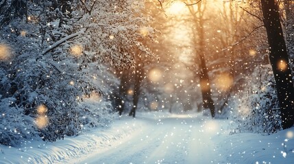Winter Wonderland Forest Path. Magical Snowfall and Sunlight. Concept of peace, serenity, and winter beauty.