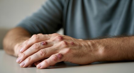 Fototapeta premium Close-up of male hands with knuckle bruises, resting on table