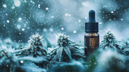 Macro shot of a bottle of CBD or THC oil between fresh green marijuana buds covered in frost as snow falls in a blizzard in the background. For legal cannabis advertisement.