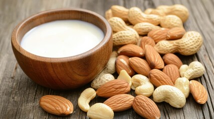 Bowl of Nut Milk Surrounded by Assorted Nuts on Wooden Background