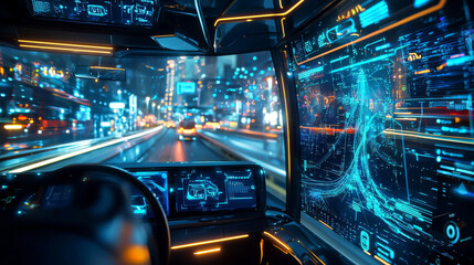 Obraz premium Futuristic Self-Driving Car Holographic Interface Night Cityscape