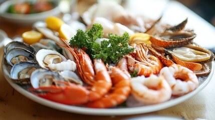 Delicious Fresh Seafood Platter with Shrimp, Lobster, Mussels, and Oysters