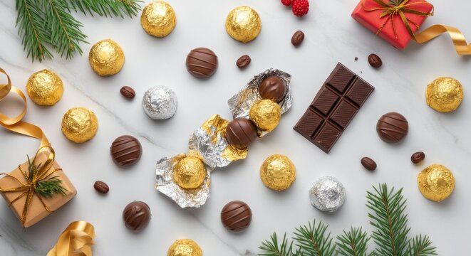 Assorted chocolate selection with holiday decorations on marble