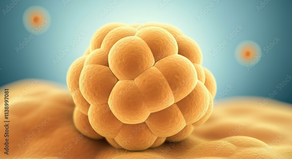 Poster close-up of cell cluster under microscope with soft yellow texture and glowing background