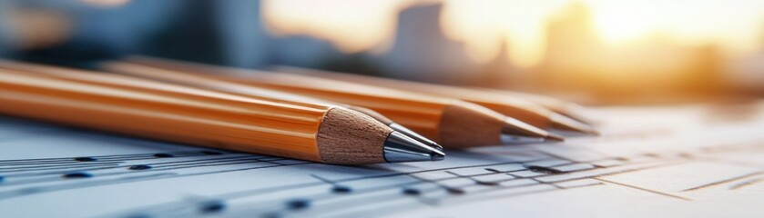 Fototapeta premium Capture the essence of precision with our detailed image featuring 'Notes on paper, harmony and rhythm creating a powerful composition ready for practice' This photograph showcases pencils resting on