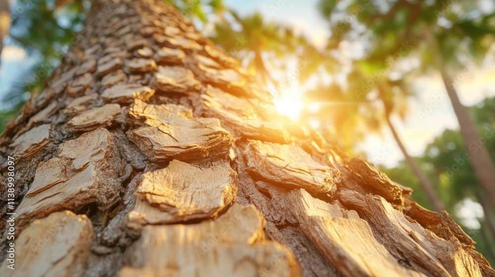 Aufkleber capture the magic of tropical evenings with this close-up of palm tree bark patterns against glowing