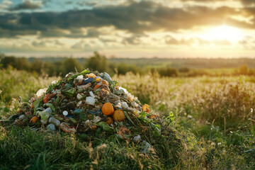 Organic Waste Compost Heap in Meadow Sunset Landscape Photography