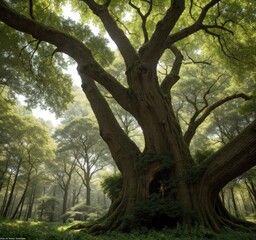 A majestic tree stands in a lush forest, showcasing nature's beauty and tranquility.